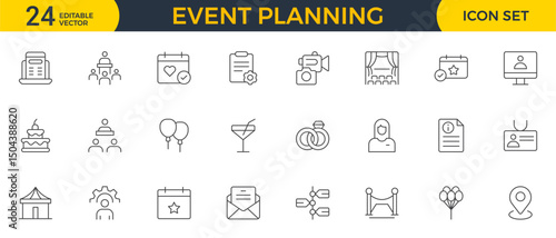 Event Planning Icon Set. Stylish and functional icons for organizers, perfect for scheduling, venue management, and event promotion, ideal for apps, websites, and marketing materials.