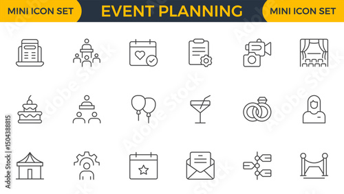 Event Planning Icon Set. Stylish and functional icons for organizers, perfect for scheduling, venue management, and event promotion, ideal for apps, websites, and marketing materials.