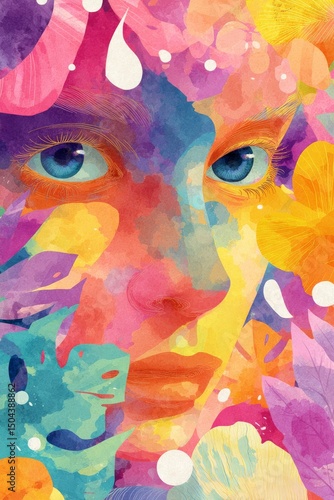 Portrait of a Colorful Woman Surrounded by Vibrant Floral Patterns in Spring
