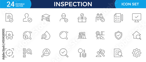 Inspection web icons set in thin line design. Pack of inspection, hire, calculation money, coaching, protection, cooperation, success, task, other outline stroke pictograms.