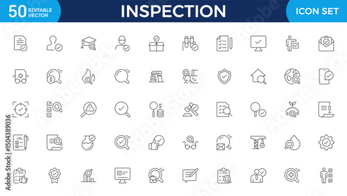 Inspection web icons set in thin line design. Pack of inspection, hire, calculation money, coaching, protection, cooperation, success, task, other outline stroke pictograms.