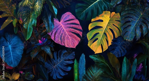 Colorful Tropical Leaves Creating a Vibrant Jungle Backdrop During the Evening