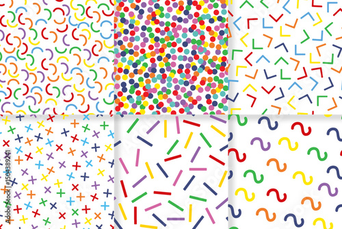 Set of vector seamless patterns with bright memphis illustrations.