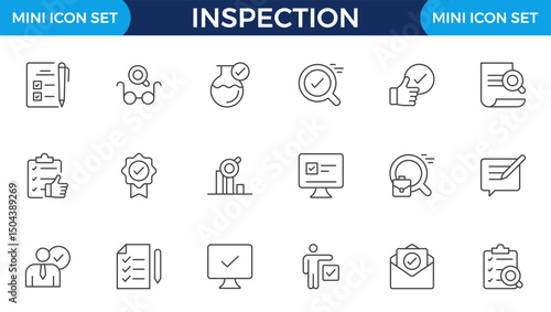 Inspection web icons set in thin line design. Pack of inspection, hire, calculation money, coaching, protection, cooperation, success, task, other outline stroke pictograms.