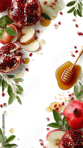 Fresh Fruits and Honey Create a Delightful Autumn Arrangement on a White Surface