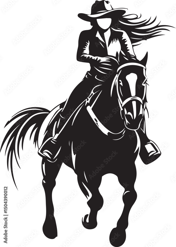 Fototapeta premium Cowgirl Horse Riding Silhouette Vector Illustration on Transparent Background