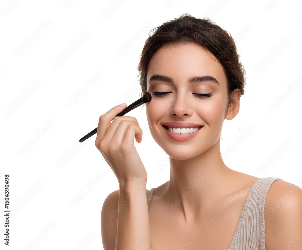 Fototapeta premium Smiling woman applying eyeshadow with a brush, showcasing a radiant, healthy complexion and inner peace.