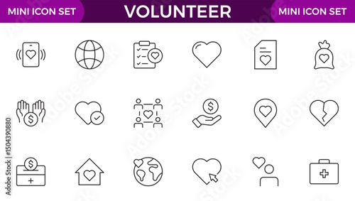 Volunteer icon set. Charity and Volunteering thin line style of philanthropic icons: almsgiving, helping those in need, donation, contribution, humanism, altruism