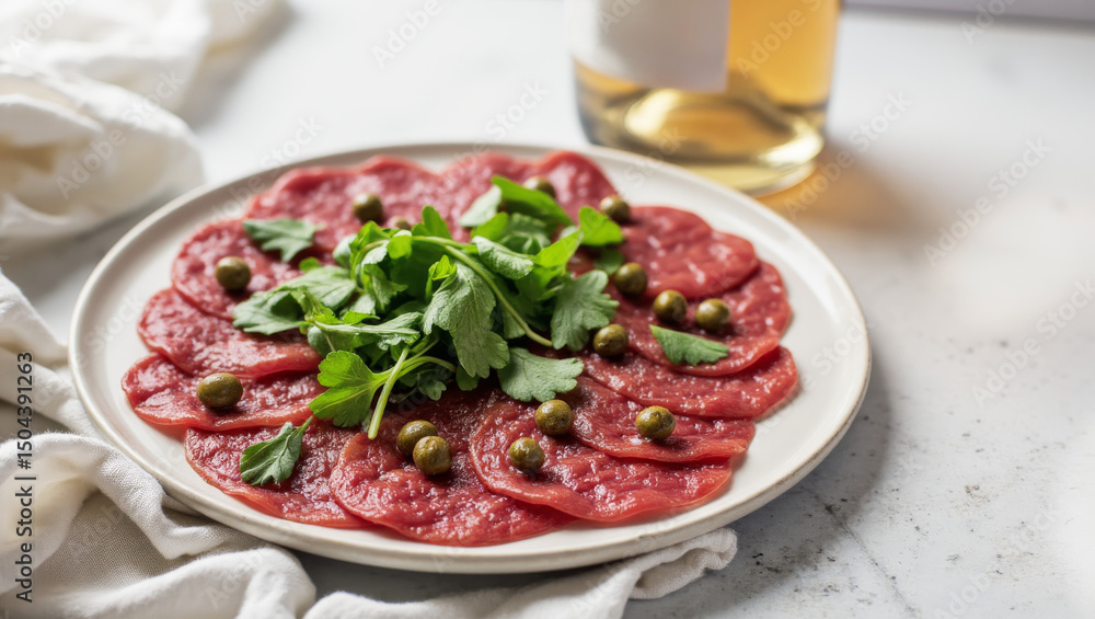 Beef Carpaccio with Capers, Parmesan, Arugula and Italian Pinot Grigio Rosé Beef Carpaccio with Capers, Parmesan, Arugula and Italian Pinot Grigio Rosé