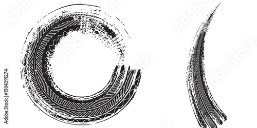 Tire tread marks, wheel textures, tire marks - car racing, motocross, drift, rally, off-road and others. Vector black isolated texture in grunge style