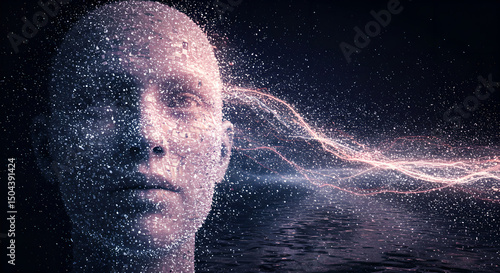 Abstract digital human head made of particles emitting energy. Concept of artificial intelligence, future technology, and consciousness.