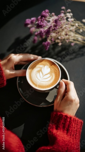 Warm Drink and Cozy Vibes With Latte Art and Dried Flowers in a Cafe Setting