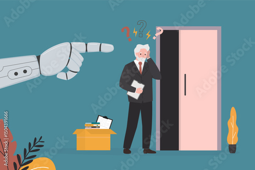Dismissal concept, staff reduction. Robot arm point male employee to exit. Elderly man with box leaving office. Ageism, dismiss aged people. High efficiency,