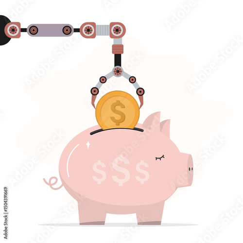 Smart robot arm putting dollar coin into savings piggy bank, automatic investment or savings. Financial bot advisor help making money