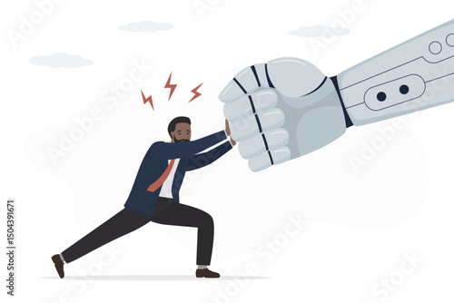 Confrontation with new technologies, rebellion against replacement of people by artificial intelligence. Confident businessman resistant pushing robotic fist,