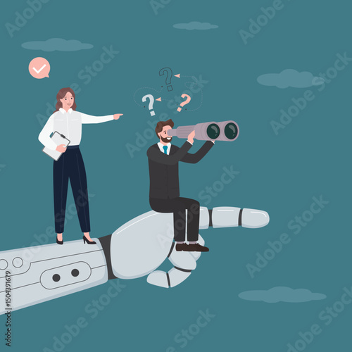 Business people on robot hand and use binoculars. Artificial intelligence supports business. AI bot work with company personnel. modern technology
