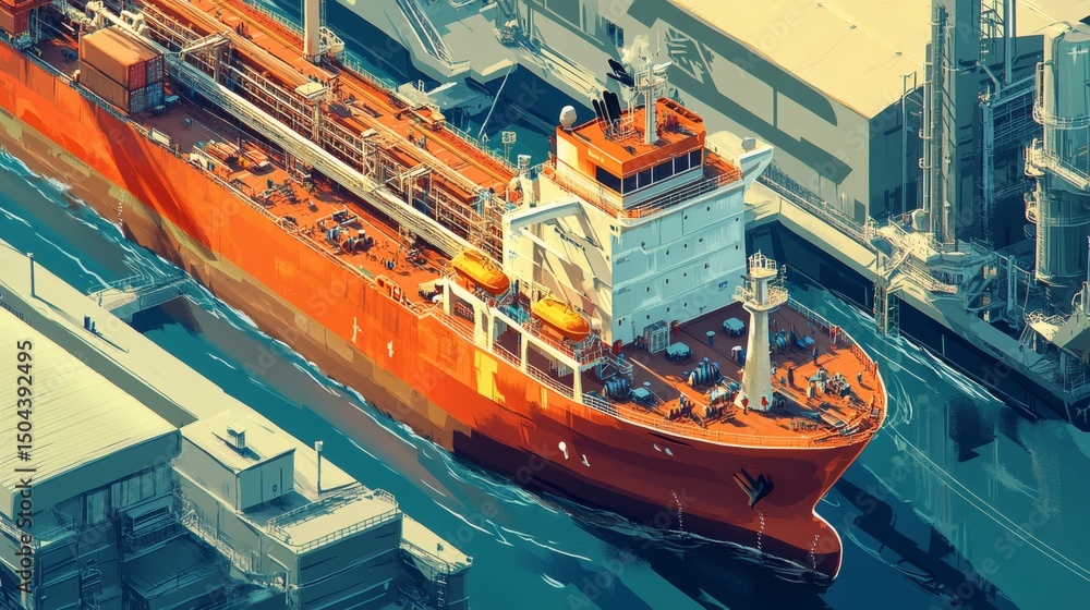 Fototapeta premium Large orange cargo ship at dock.