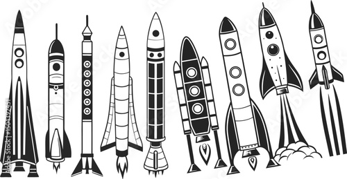 set of space rocket icons, vector and silhouette designs flat collection