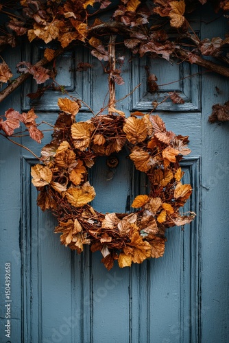 Decorative Autumn Wreath Hanging on Blue Wooden Door Adorned With Dried Leaves