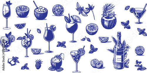 Hand drawn vector drawing of tropical drinks with lemon, coconut, mint. ,  fruit ,illustrations. Elements in doodle sketch style for menu, party, invitation.