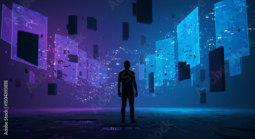 Man standing in front of holographic data. Digital transformation and big data network. Cyber world and futuristic technology concept.