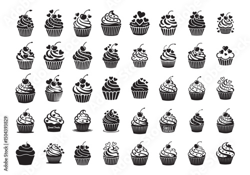 Big set of Black cupcake icon vector. Cupcake silhouette. Cupcake icon. Vector illustration eps 10