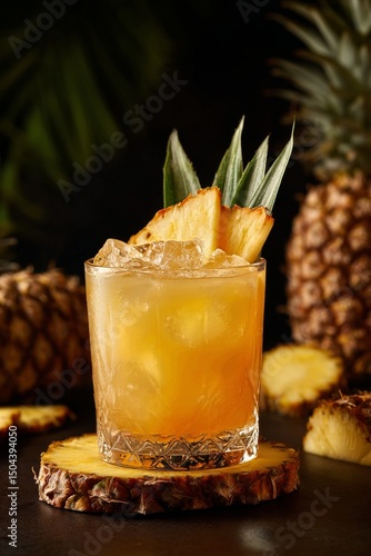 Tropical Cocktail With Pineapple Garnish on a Dark Background With Sliced Pin...