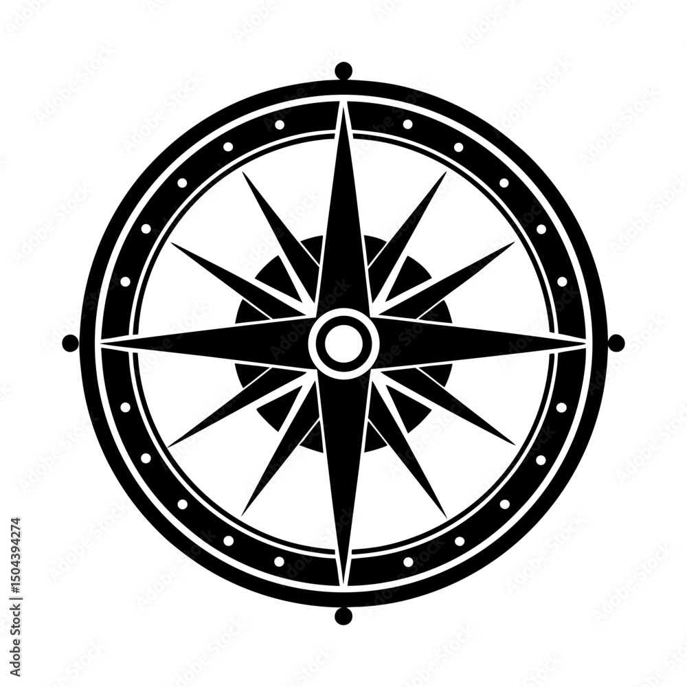 Fototapeta premium Compass rose with points inside of a dotted circle silhouette