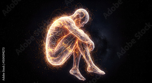 A man sitting in a fetal position glowing with an inner light, representing human soul and technological interface.