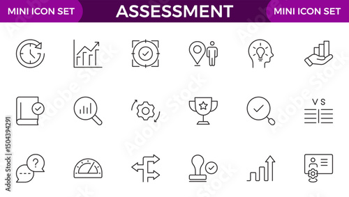 Assessment icons set. Stroke thin line vector illustration with goals, results, process, quality, evaluation, planning, analysis, auditing, financial report, measuring, expertise