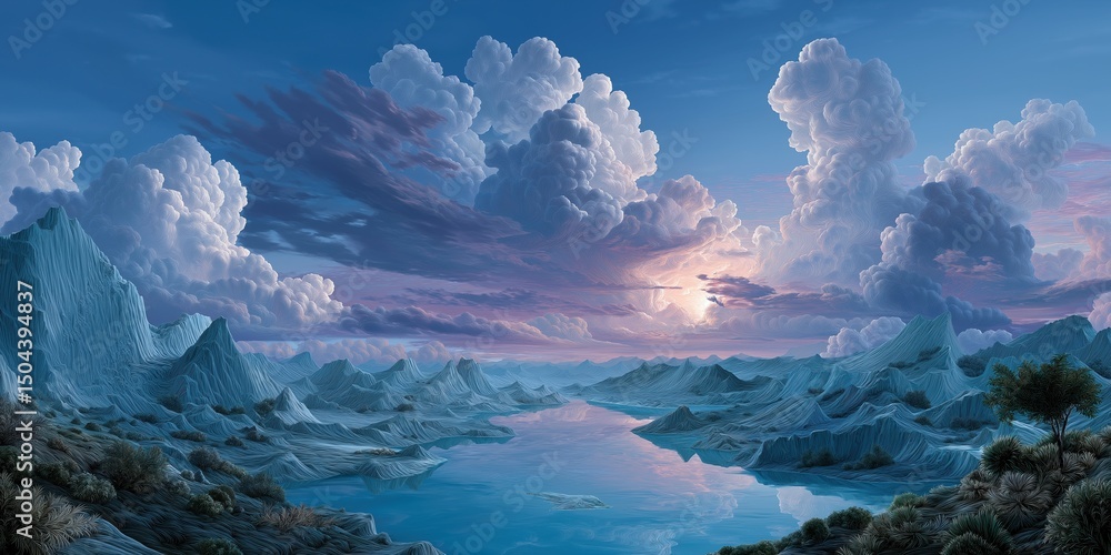 Fototapeta premium A beautiful landscape with a large body of water and mountains in the background. The sky is cloudy and the sun is setting, creating a serene and peaceful atmosphere