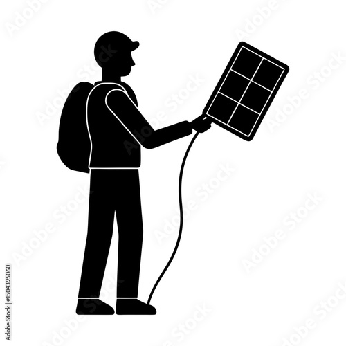 Person holding solar panel with backpack on back silhouette