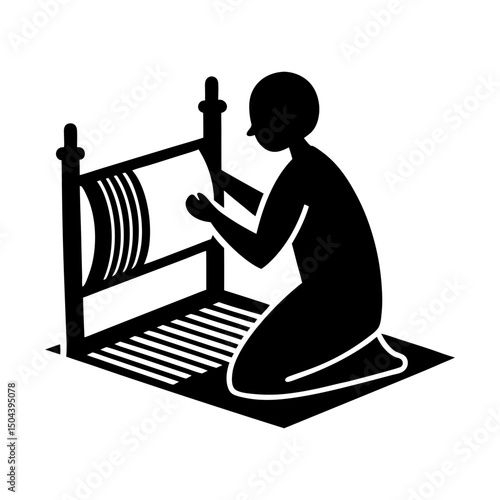 Person kneeling at a weaving loom silhouette view