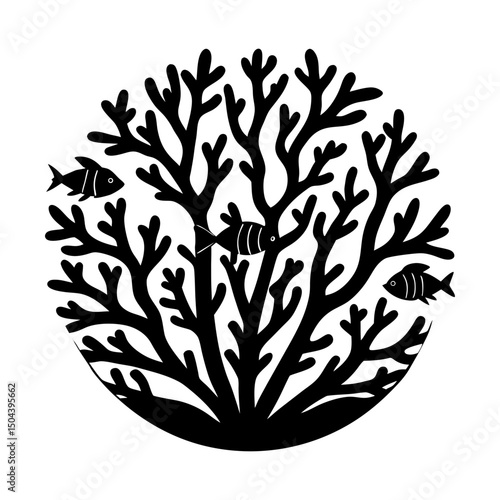 Stylized coral with fish in circular composition silhouette