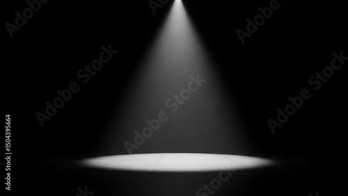 Empty black stage with stark white spotlight and long shadows stretching outward