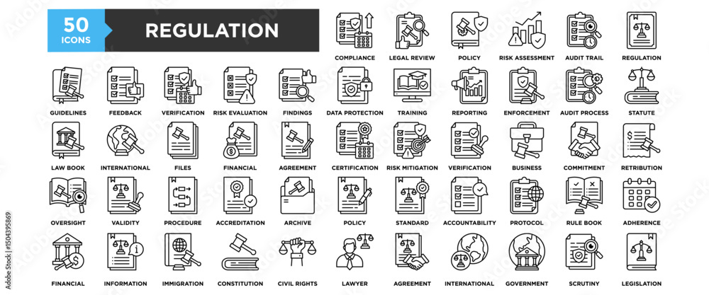 50 Regulation icon set. Containing design Compliance Check, Legal Review, Policy Management, Risk Assessment, Audit Trail 50 Regulation icon set. Containing design Compliance Check, Legal Review, Policy Management, Risk Assessment, Audit Trail