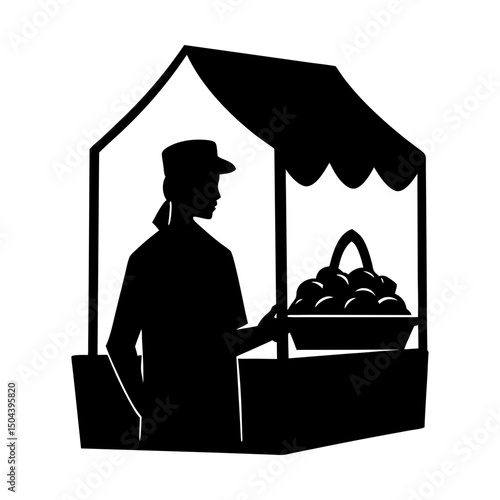 Silhouette of vendor at market stand with produce