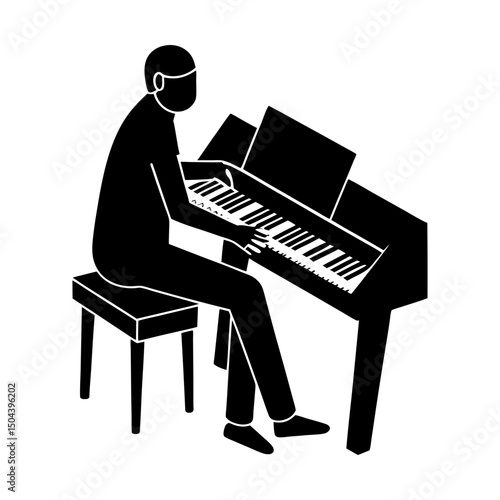Person playing a piano sitting on a small stool silhouette