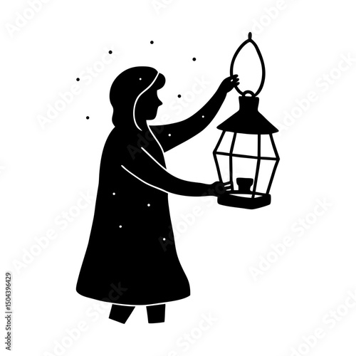 Figure holding a lantern with stars around them silhouette