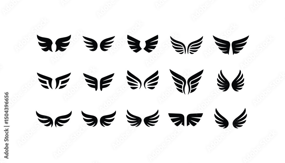 Fototapeta premium Angel wings icon set fly signs, pilot symbols graphic design elements, Ranging from simple to intricate feather scale silhouettes