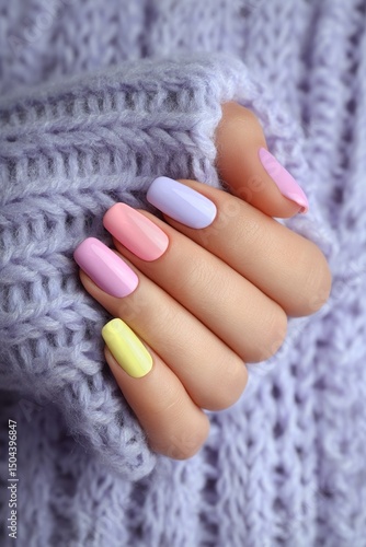 Colorful Pastel Nail Art Showcased Against a Cozy Knitted Sweater Background