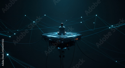 Man sitting on a futuristic floating platform in a digital space. Conceptual image of human connection with artificial intelligence.