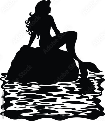 Silhouette of a Mermaid Sitting on a Rock in the Water