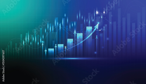Stock market graphs showing upward candle graph, illustration with growth arrow bright light technology, vector design abstract financial background.