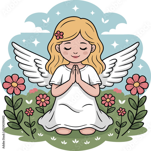 Angel kneeling, exuding peace and tranquility amidst a backdrop of flowers, clouds, and stars, symbolizing hope and faith.