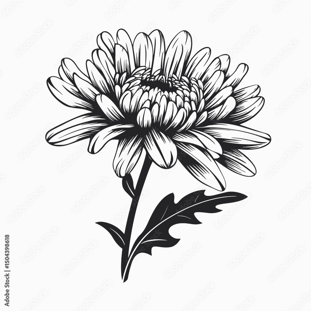 Fototapeta premium Black and white flower drawing illustration floral art botanical design chrysanthemum blossom bloom nature sketch silhouette