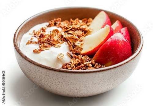 Healthy Breakfast Bowl With Yogurt, Granola, and Sliced Apples Served in a Ru...