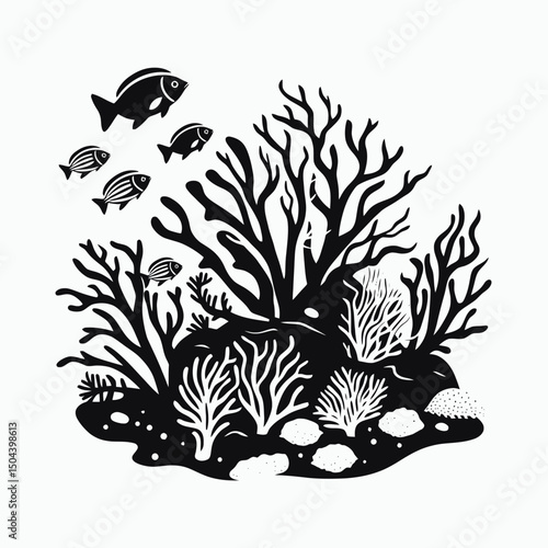Black fish coral reef sea ocean marine life underwater aquatic silhouette vector illustration design art