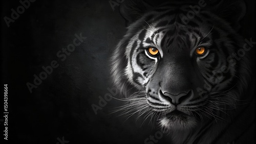 A close up of a black tiger face on a dark black background, animalistic wallpaper background design template with copy space. . 