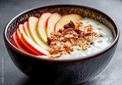 Healthy Breakfast Bowl With Yogurt, Granola, and Sliced Apples Served in a Ru...